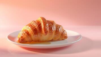 A croissant placed on a white porcelain plate, with a light drizzle of honey on a soft pastel background. photo