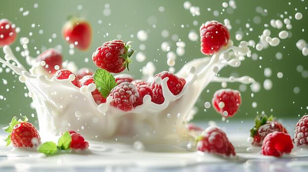 A splash of milk with strawberries and raspberries on the ight green background. photo