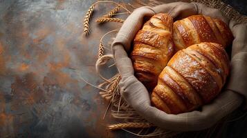 Freshly baked breads surrounded by food and spices on dark background. photo