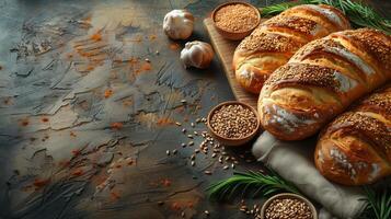 Freshly baked breads surrounded by food and spices on dark background. photo