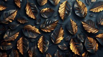 Black and gold leaves pattern on a dark background in the style of a illustration. photo