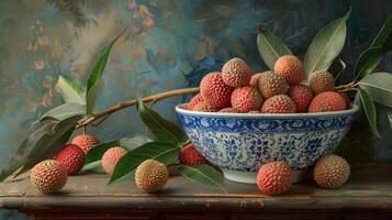 A bowl of pink red lychees in a blue and white porcelain bowl with patterns on a wooden table. photo