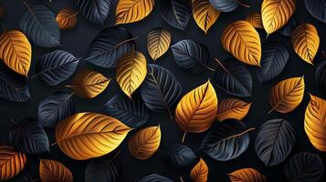 Black and gold leaves pattern on a dark background in the style of a illustration. photo