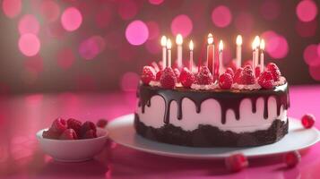 A Birthday chocolate layer cake with candles and pink background. photo