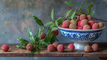 A bowl of pink red lychees in a blue and white porcelain bowl with patterns on a wooden table. photo
