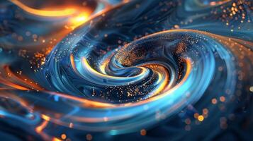 An abstract background with swirling colors of blue and orange with golden glowing lights. photo