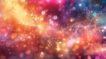 A background of colorful lights and bokeh particles in space. photo