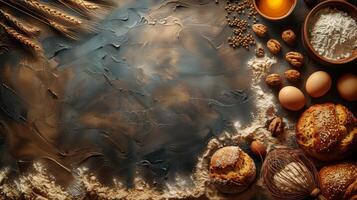 Freshly baked breads surrounded by food and spices on dark background. photo