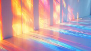 Macro detail of rainbow light rays on a white wall. photo