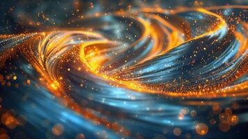 An abstract background with swirling colors of blue and orange with golden glowing lights. photo