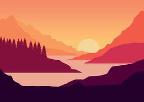 Mountains and river panorama. Illustration in flat style. vector