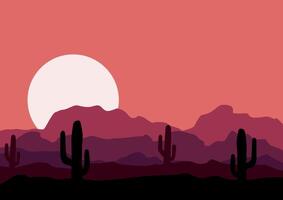 Desert panorama in America with moon panorama. Illustration in flat style. vector