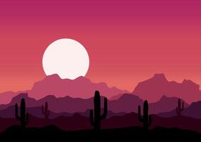 Desert panorama in America with moon panorama. Illustration in flat style. vector