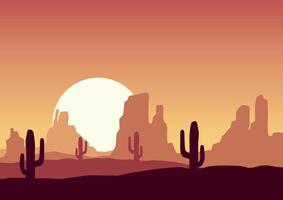 Desert panorama in America with moon panorama. Illustration in flat style. vector