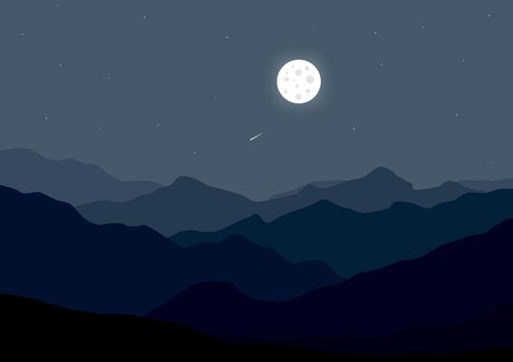 Landscape with the mountains in night. Illustration in flat style.