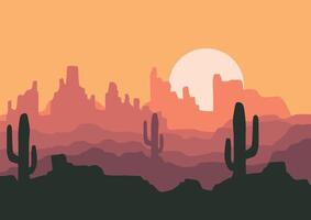 Desert panorama in America with moon panorama. Illustration in flat style. vector