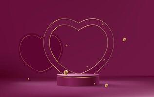 abstract dark 3d background with realistic cylinder pedestal podium golden light heart and golden ball, background for product display vector