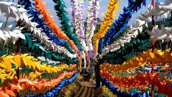 metraggio di un' corridoio decorato con colorato girandole. un' turista parco pieno con migliaia di girandole. vacanze. viaggio destinazioni. viaggio e turismo. video