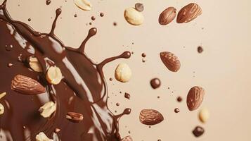 Nuts and chocolate splash, food dessert and confectionery industry photo