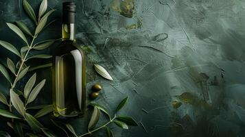 Olive oil bottle ad background with copyspace, vegetable oil commercial produce, food industry and retail photo