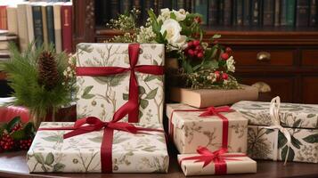 Christmas gift wrapping idea for boxing day and winter holidays in the English countryside tradition photo