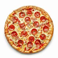 Pizza isolated on white background, online delivery from pizzeria, take away and fast food photo