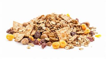 Assortment of cereal, grains, muesli or oats for healthy breakfast, organic farm market product isolated on white background photo