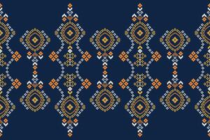 Traditional ethnic motifs ikat geometric fabric pattern cross stitch.Ikat embroidery Ethnic oriental Pixel navy blue background. Abstract,illustration. Texture,decoration,wallpaper. vector