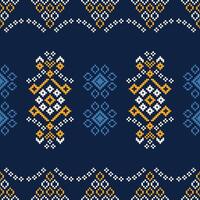 Traditional ethnic motifs ikat geometric fabric pattern cross stitch.Ikat embroidery Ethnic oriental Pixel navy blue background. Abstract,illustration. Texture,decoration,wallpaper. vector