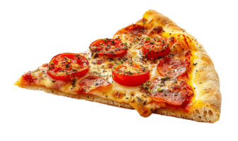 rebanada de caseoso delicioso Pizza con sabroso pepperoni en un transparente fondo, . png