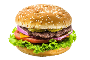 groß Cheeseburger mit Rindfleisch, Kopfsalat, Tomate, Zwiebel auf transparent Hintergrund, groß Burger isoliert , . png