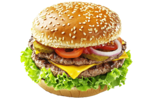 groß Cheeseburger mit Rindfleisch, Kopfsalat, Tomate, Zwiebel auf transparent Hintergrund, groß Burger isoliert , . png