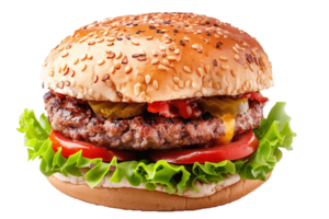 groß Cheeseburger mit Rindfleisch, Kopfsalat, Tomate, Zwiebel auf transparent Hintergrund, groß Burger isoliert , . png