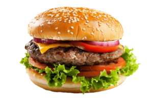 groß Cheeseburger mit Rindfleisch, Kopfsalat, Tomate, Zwiebel auf transparent Hintergrund, groß Burger isoliert , . png