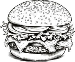 Hamburger hand drawn sketch retro style etching Delicious vintage etching illustration png