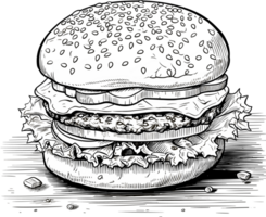 Hamburger hand drawn sketch retro style etching Delicious vintage etching illustration png