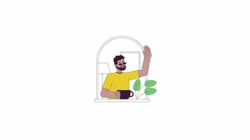 Black man with cup in window line 2D character animation. Neighbor friendship flat color cartoon 4K , alpha channel. African american male waving hand animated person on white background video