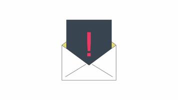 Warning email line 2D object animation. Official notice with important information flat color cartoon 4K , alpha channel. Exclamation sign card in envelope animated item on white background video