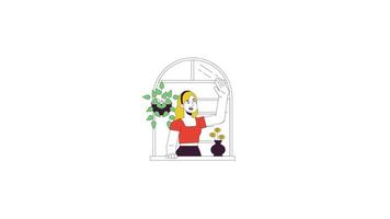 Smiling caucasian woman waving hand from window line 2D character animation. Neighborhood flat color cartoon 4K , alpha channel. Greeting gesture making animated person on white background video