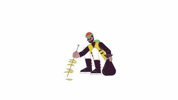 African american man collecting garbage with picker line 2D character animation. Volunteering flat color cartoon 4K , alpha channel. Black janitor animated person on white background video