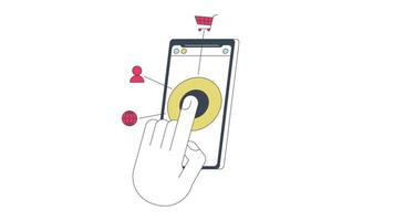 Mobile services using line 2D character hand animation. Access to internet network via smartphone flat color cartoon 4K , alpha channel. Touching screen animated hand on white background video