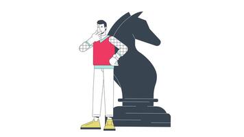 Caucasian male entrepreneur planning line 2D animation. Thoughtful man and knight chess figure 4K motion graphic. Marketing strategy linear animated cartoon flat concept, white background video