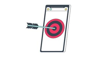 Hitting target on smartphone screen with arrow line 2D animation. Digital marketing strategy 4K motion graphic. Mobile app advertising linear animated cartoon flat concept, white background video