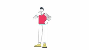 Thoughtful european man scratching chin line 2D character animation. Confusion expression flat color cartoon 4K , alpha channel. Doubting caucasian male animated person on white background video