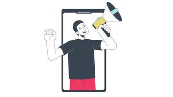 caucasien homme avec haut-parleur sur téléphone intelligent écran ligne 2d animation. promotion en ligne 4k mouvement graphique. La publicité mobile app linéaire Animé dessin animé plat concept, blanc Contexte video