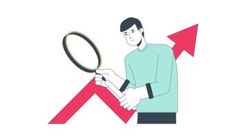 Focused man with magnifying glass studying diagram line 2D animation. Business statistics research 4K motion graphic. Commercial data linear animated cartoon flat concept, white background video