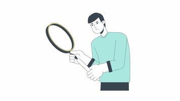 Serious asian man looking through magnifying glass line 2D animation. Investigation 4K motion graphic. Japanese male researcher linear animated cartoon flat concept, white background video