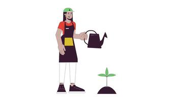 Happy arab woman watering plant line 2D character animation. Gardening flat color cartoon 4K , alpha channel. Middle eastern female gardener at work animated person on white background video