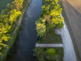 sunrise over boat ramp and the Lamine River at Roberts Bluff access in Missouri, springtime aerial view photo