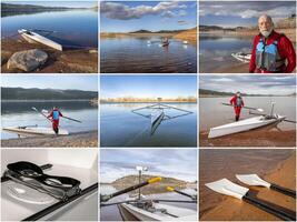 collection of images from winter rowing on lakes in northern Colorado featuring the same senior male rower wearing a drysuit photo